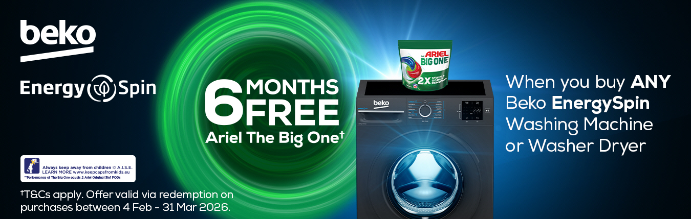 Get 6 Months FREE Ariel Laundry Pods with Selected Beko EnergySpin Washing Machines
